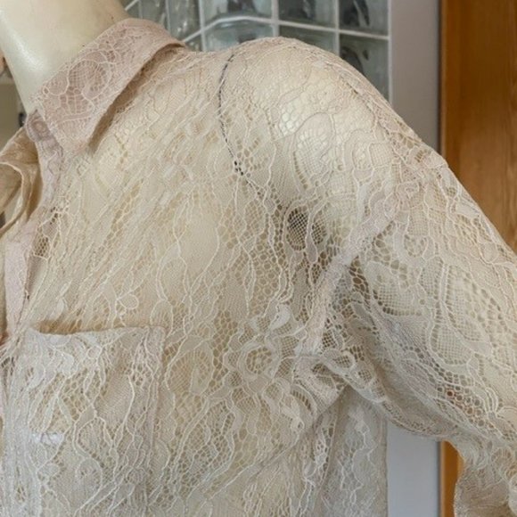 FREE PEOPLE LACE BLOUSE XSmall  Antique Ivory with Long Sleeves, Drop Shoulders - Picture 9 of 13